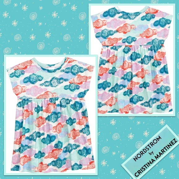 Nordstrom by Cristina Martinez Short Sleeve Knit Cotton Dress Multi Fluff Clouds - Picture 1 of 5